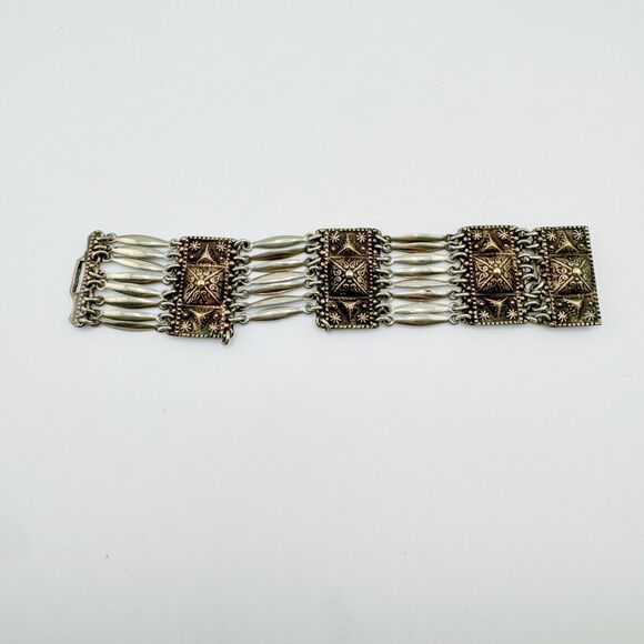 Vintage Mexico 925 Sterling Silver Panel Bracelet – Handcrafted Boho Design - Picture 3 of 12